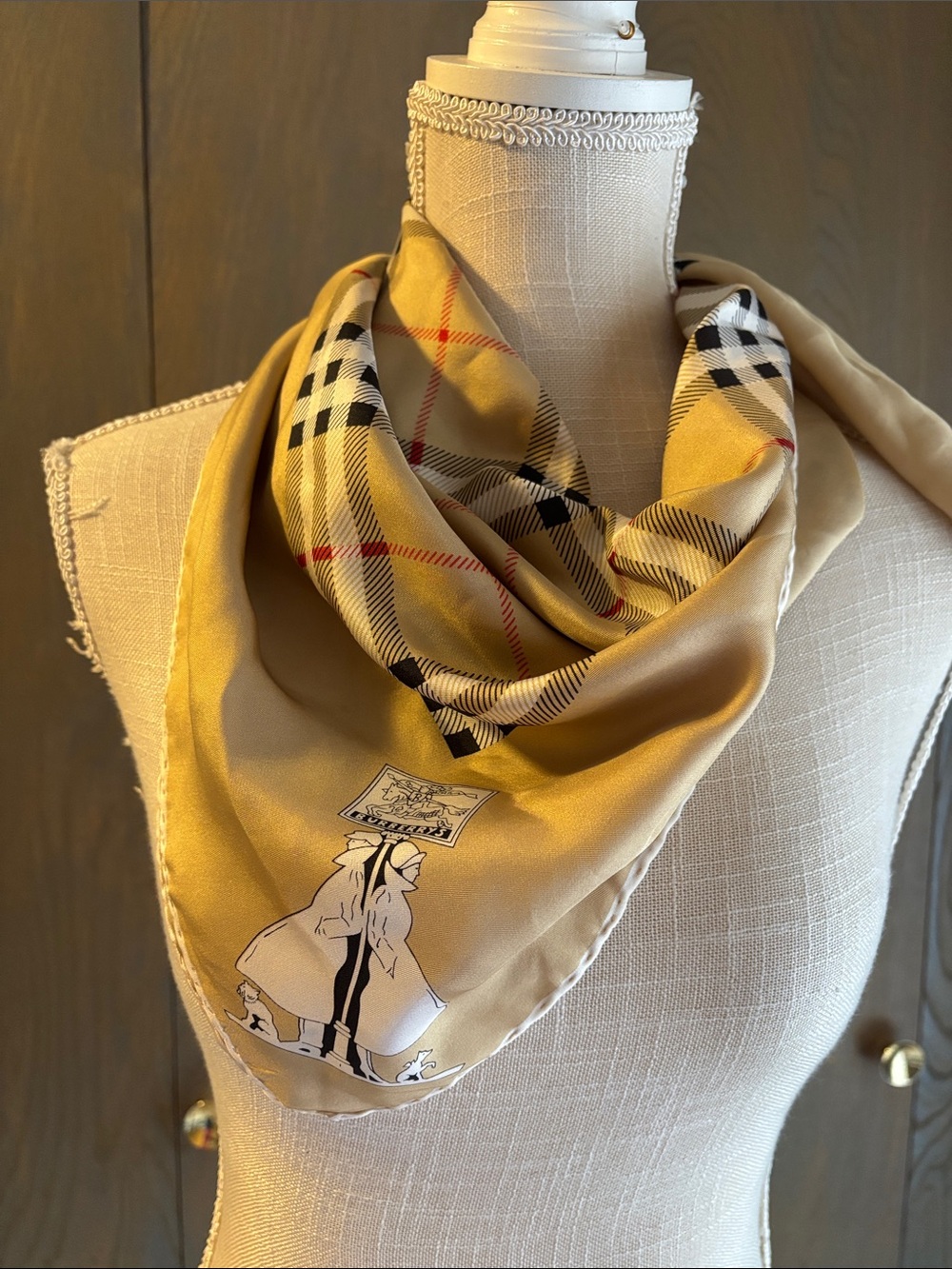 Burberry Vintage Nova Check Silk Scarf Plaid Red Black White Hand Stitch